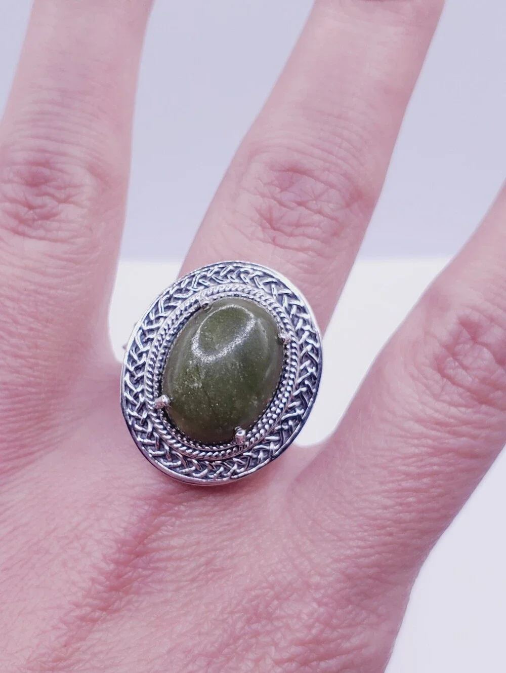 7 Carat Connemara Green Marble 925 Sterling Silver Statement Ring